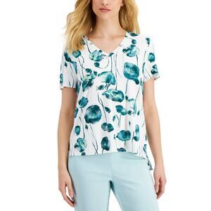 ALFANI Women Petite Small Short Sleeve Tee Shirt High-Low Hem V-Neck Ivory Green